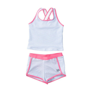 PRODOH Girls' Seaside Tankini Set – Blue Seersucker with Pink Trim - Sunny Meadow Boutique
