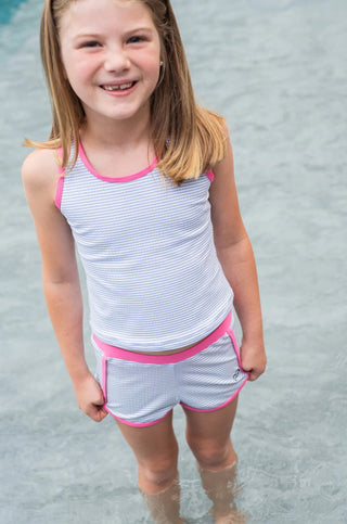 PRODOH Girls' Seaside Tankini Set – Blue Seersucker with Pink Trim - Sunny Meadow Boutique