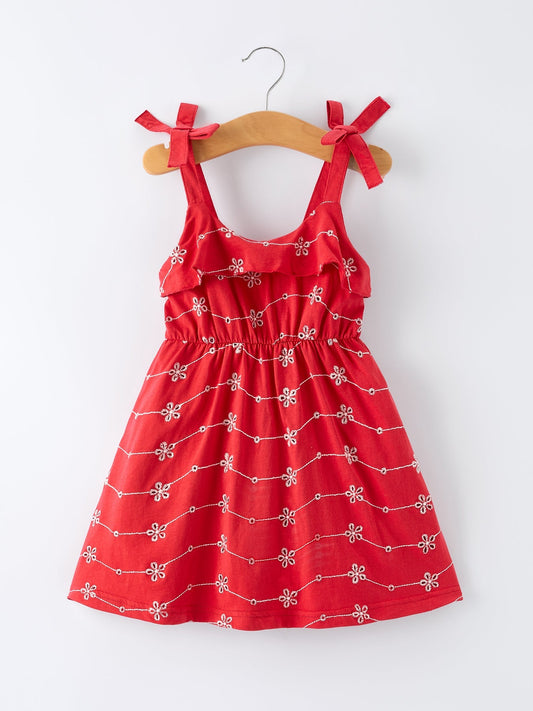 Red Color Girl Bow Strap Ruffle Dress - Sunny Meadow Boutique