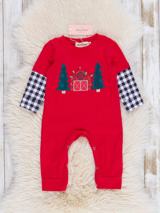 Red Holiday Barn & Gingham Romper - Sunny Meadow Boutique