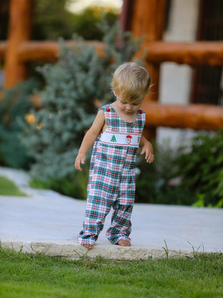 Christmas Jonjon Plaid Smocking Embroidered Boys Romper