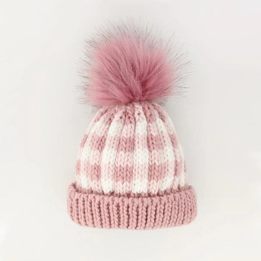 Rosy Pink Buffalo Check Pom Pom Beanie Hat