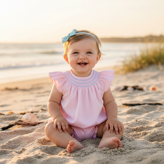 Baby sitting on the sand at the beach wearing a pink outfit.