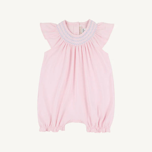 Pink baby romper with ruffled sleeves on a white background