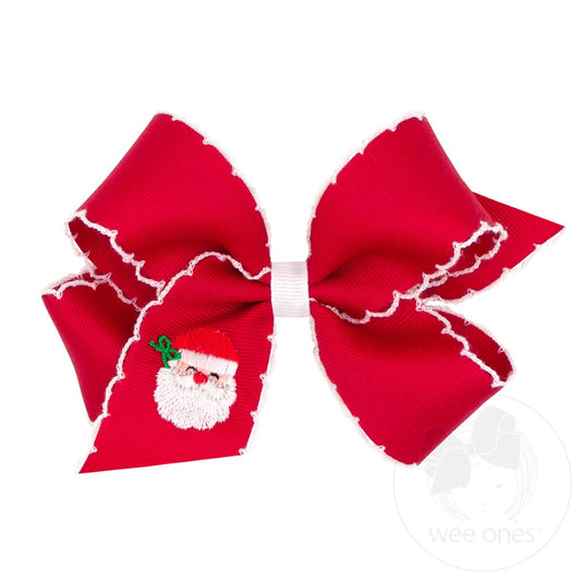 Grosgrain Hair Bow with Moonstitch Edge and Christmas Embroidery