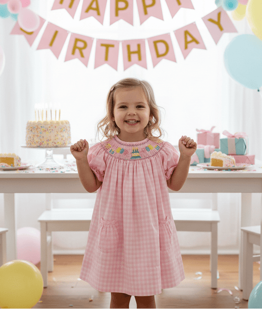Smocked Birthday Cake & Balloons Bishop Dress - Sunny Meadow Boutique