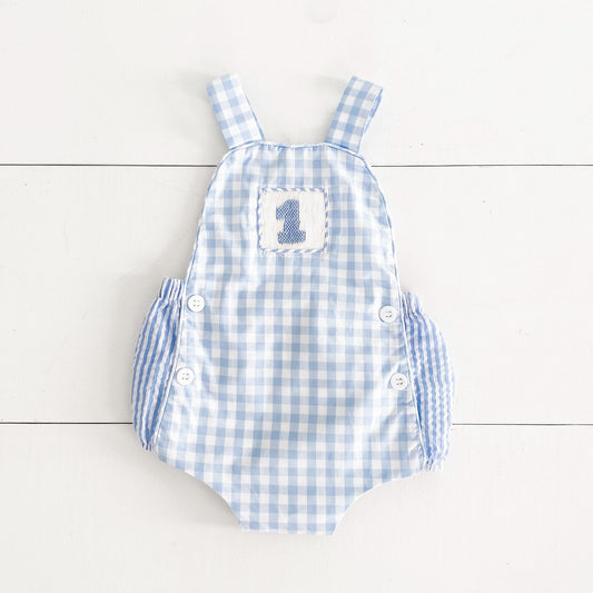 Smocked Blue First Birthday Bubble - Sunny Meadow Boutique