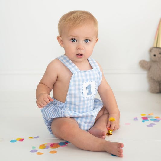 Smocked Blue First Birthday Bubble - Sunny Meadow Boutique