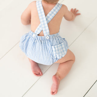 Smocked Blue First Birthday Bubble - Sunny Meadow Boutique