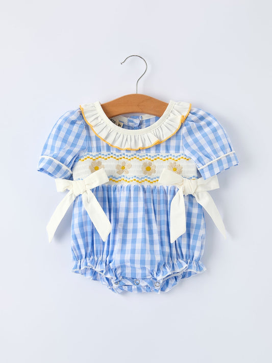 Spring Daisy Bow Smocked Baby Girl Romper - Sunny Meadow Boutique
