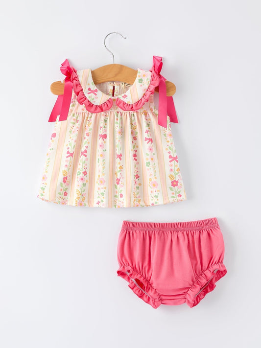 Spring Floral Bow Ruffle Girl Bloomer Set - Sunny Meadow Boutique