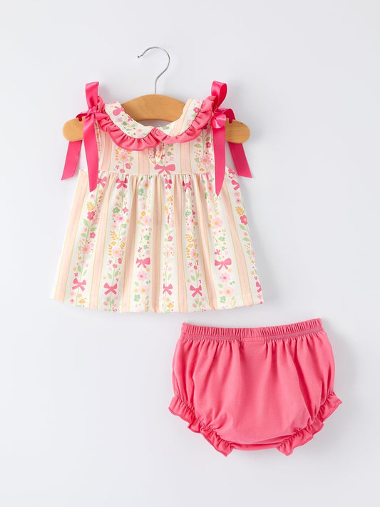 Spring Floral Bow Ruffle Girl Bloomer Set - Sunny Meadow Boutique