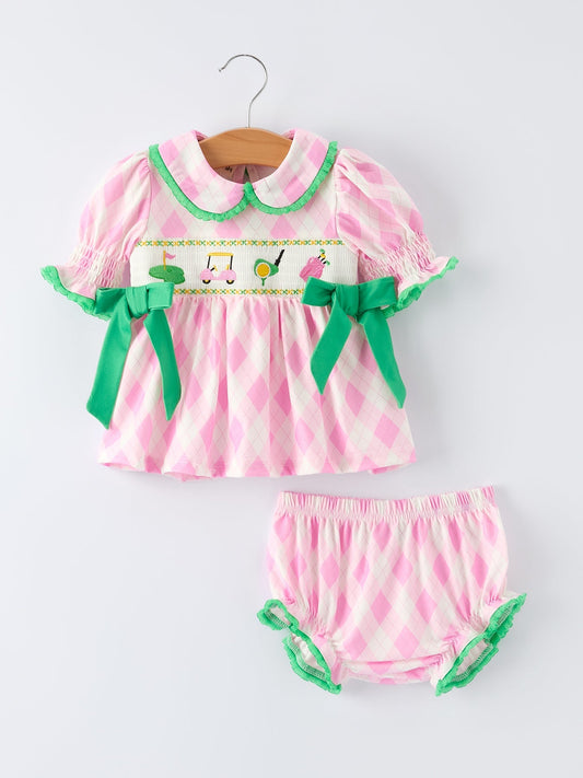 Spring Golf Embroidered Baby Girls Smocked Bow Bloomer Set - Sunny Meadow Boutique