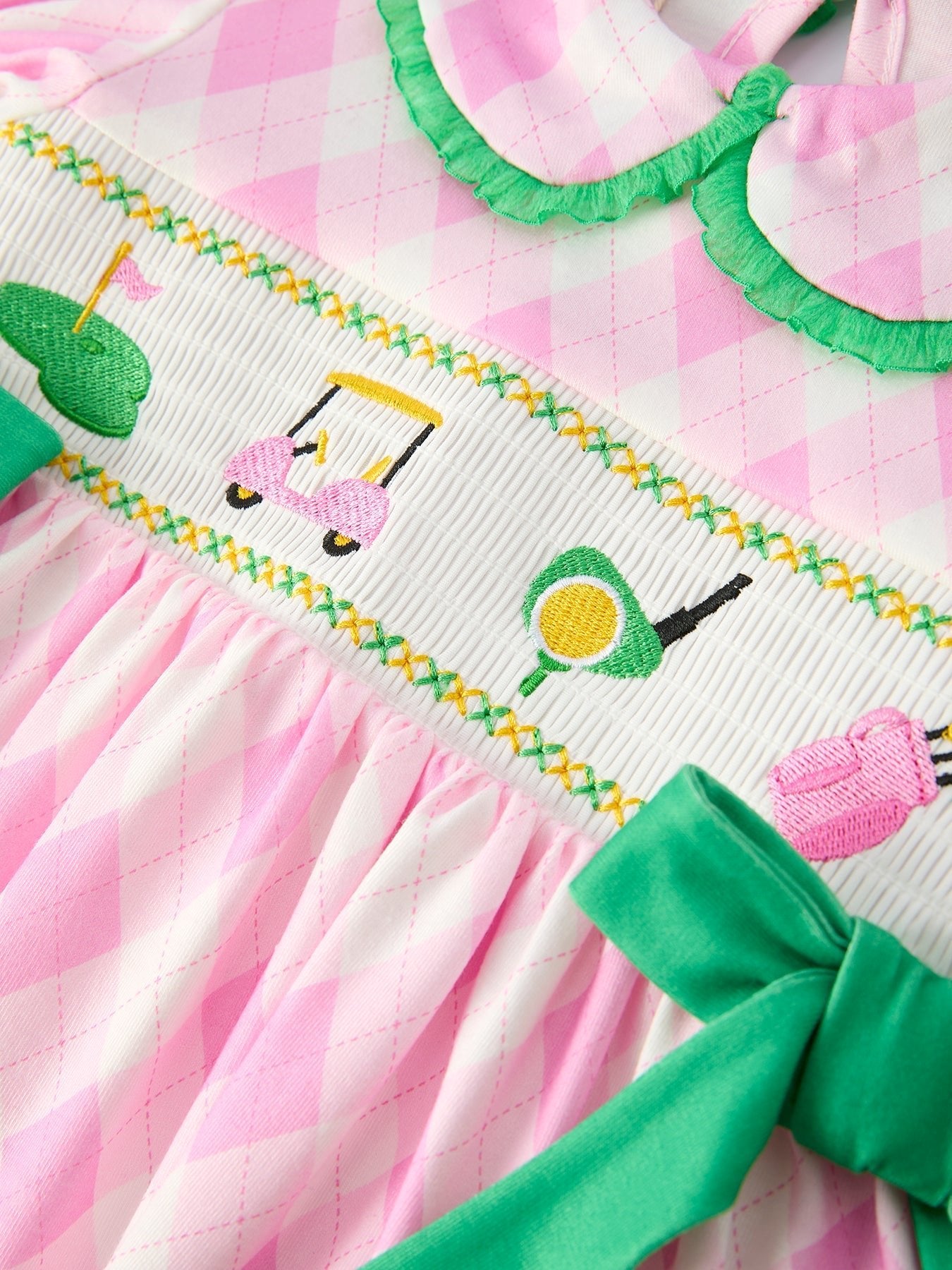 Spring Golf Embroidered Girls Smocked Bow Dress - Sunny Meadow Boutique