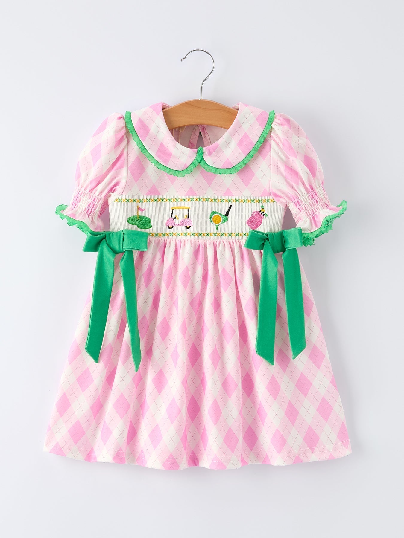 Spring Golf Embroidered Girls Smocked Bow Dress - Sunny Meadow Boutique