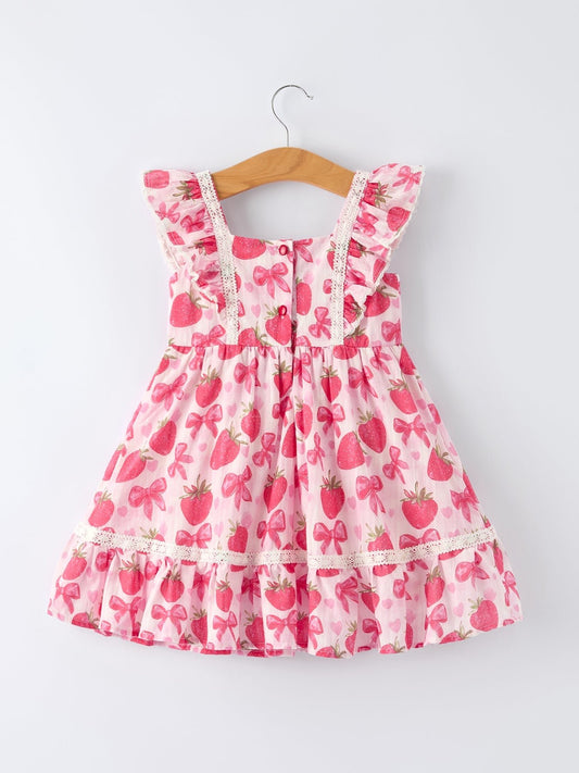 Spring Strawberry Bow Print Girls' Dress - Sunny Meadow Boutique