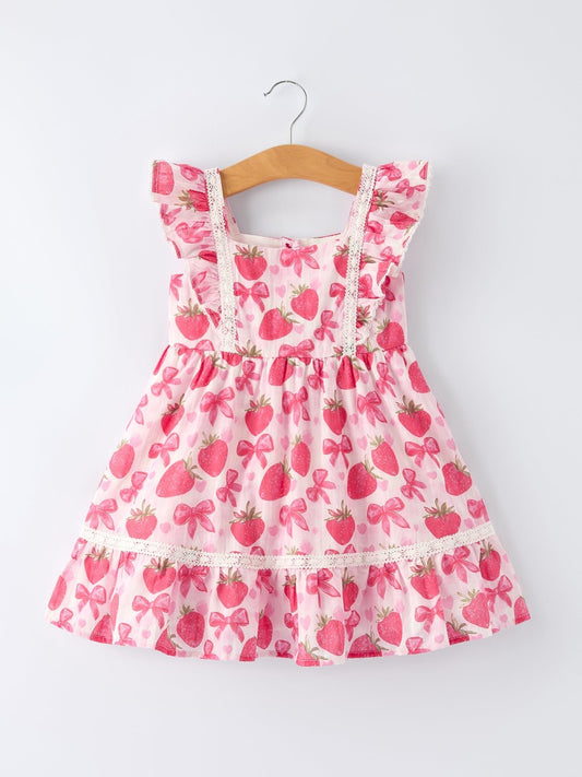 Spring Strawberry Bow Print Girls' Dress - Sunny Meadow Boutique