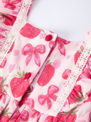Spring Strawberry Bow Print Girls' Dress - Sunny Meadow Boutique