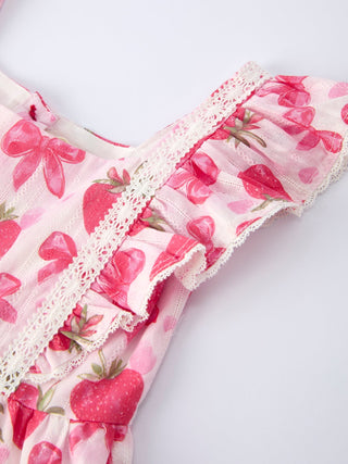 Spring Strawberry Bow Print Girls' Dress - Sunny Meadow Boutique