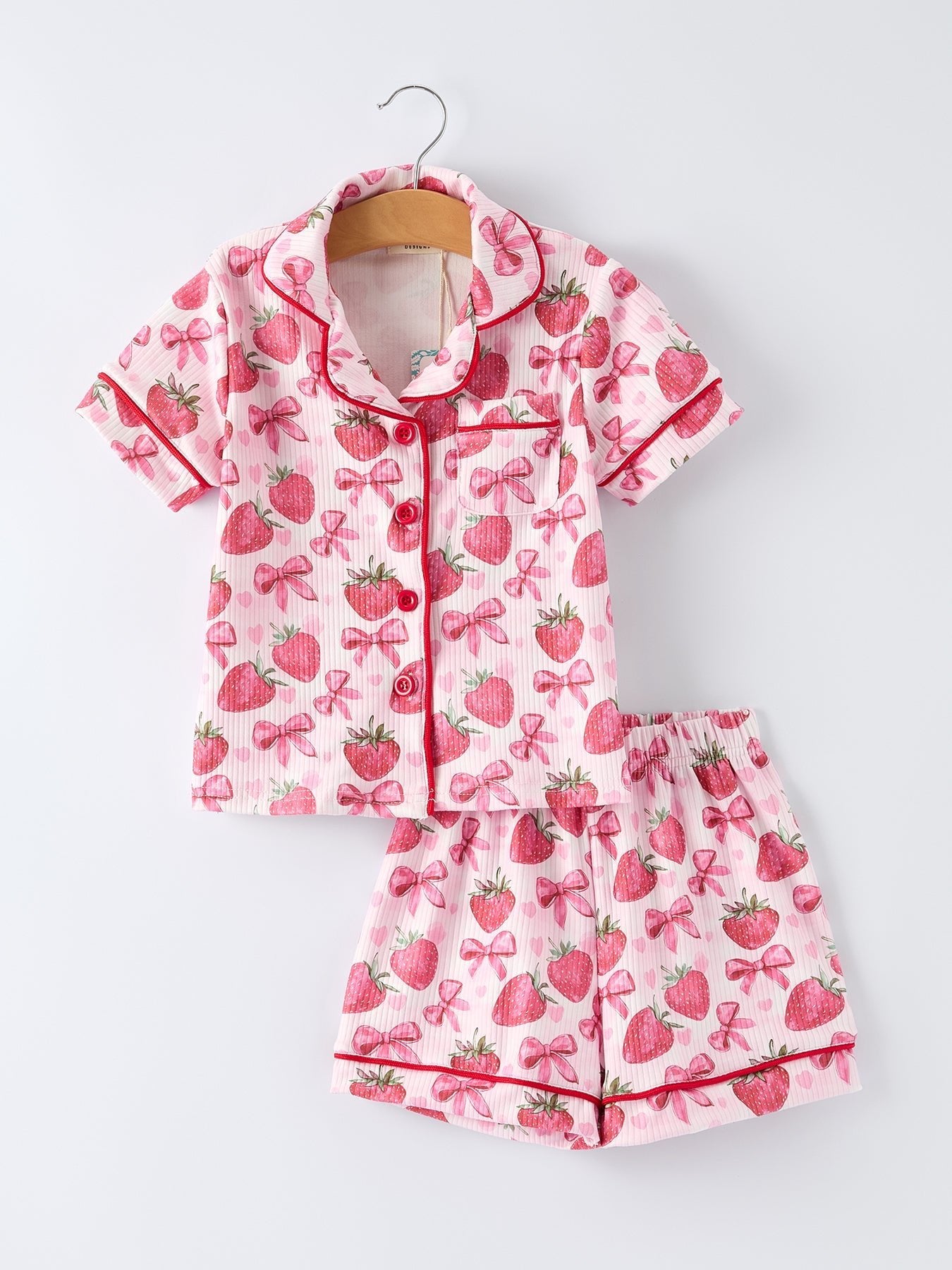 Spring Strawberry Bow Short Sleeve Shorts Pajama Set - Sunny Meadow Boutique