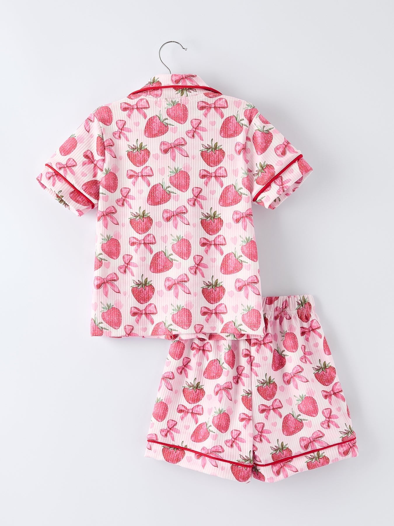Spring Strawberry Bow Short Sleeve Shorts Pajama Set - Sunny Meadow Boutique