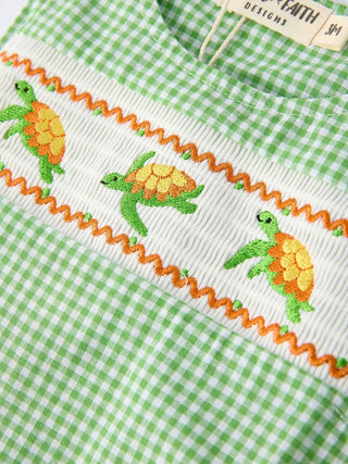 Spring Turtle Smocked Baby Boy Romper - Sunny Meadow Boutique