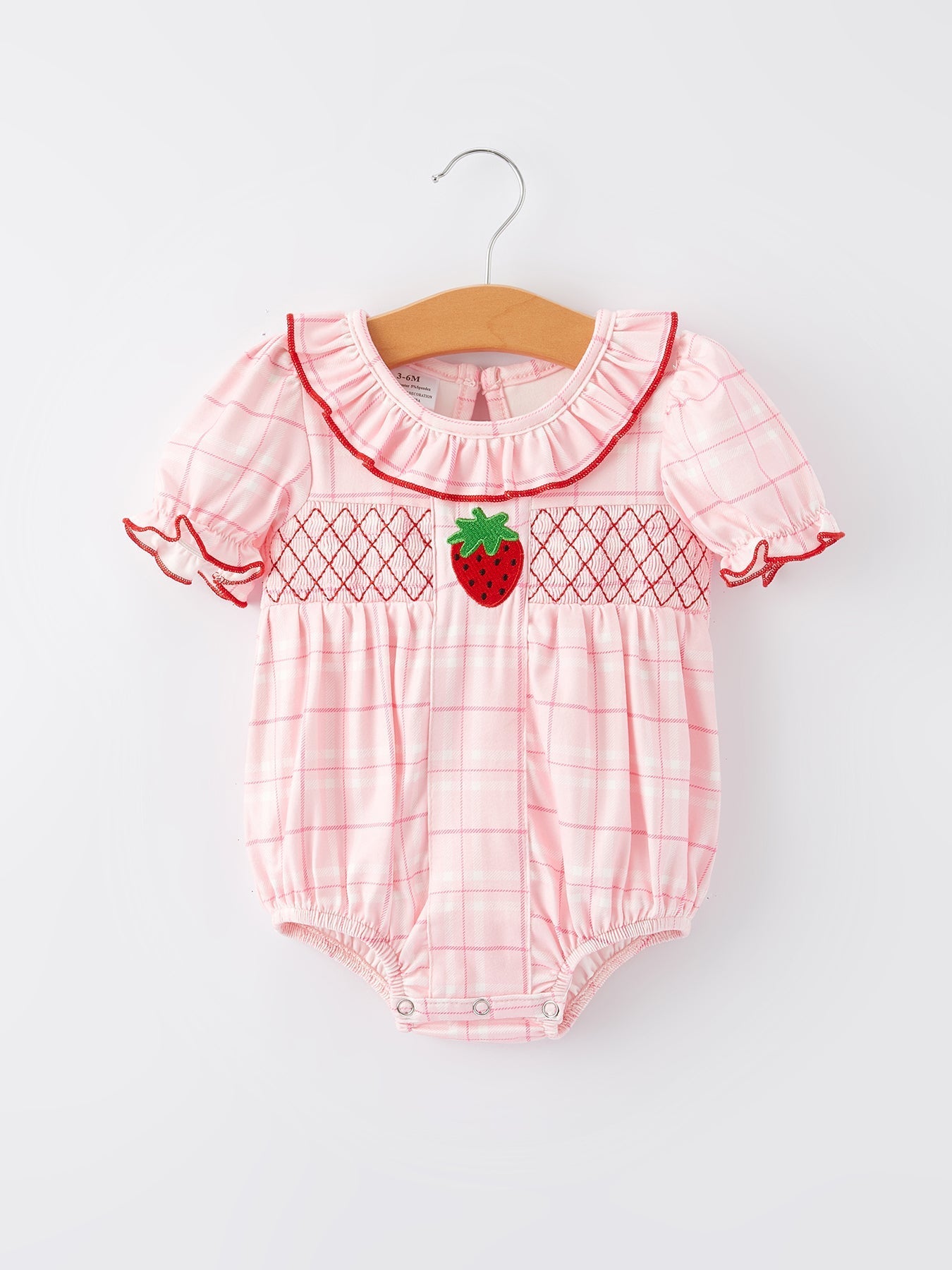Strawberry Applique Flying Sleeves Plaid Girls' Romper - Sunny Meadow Boutique