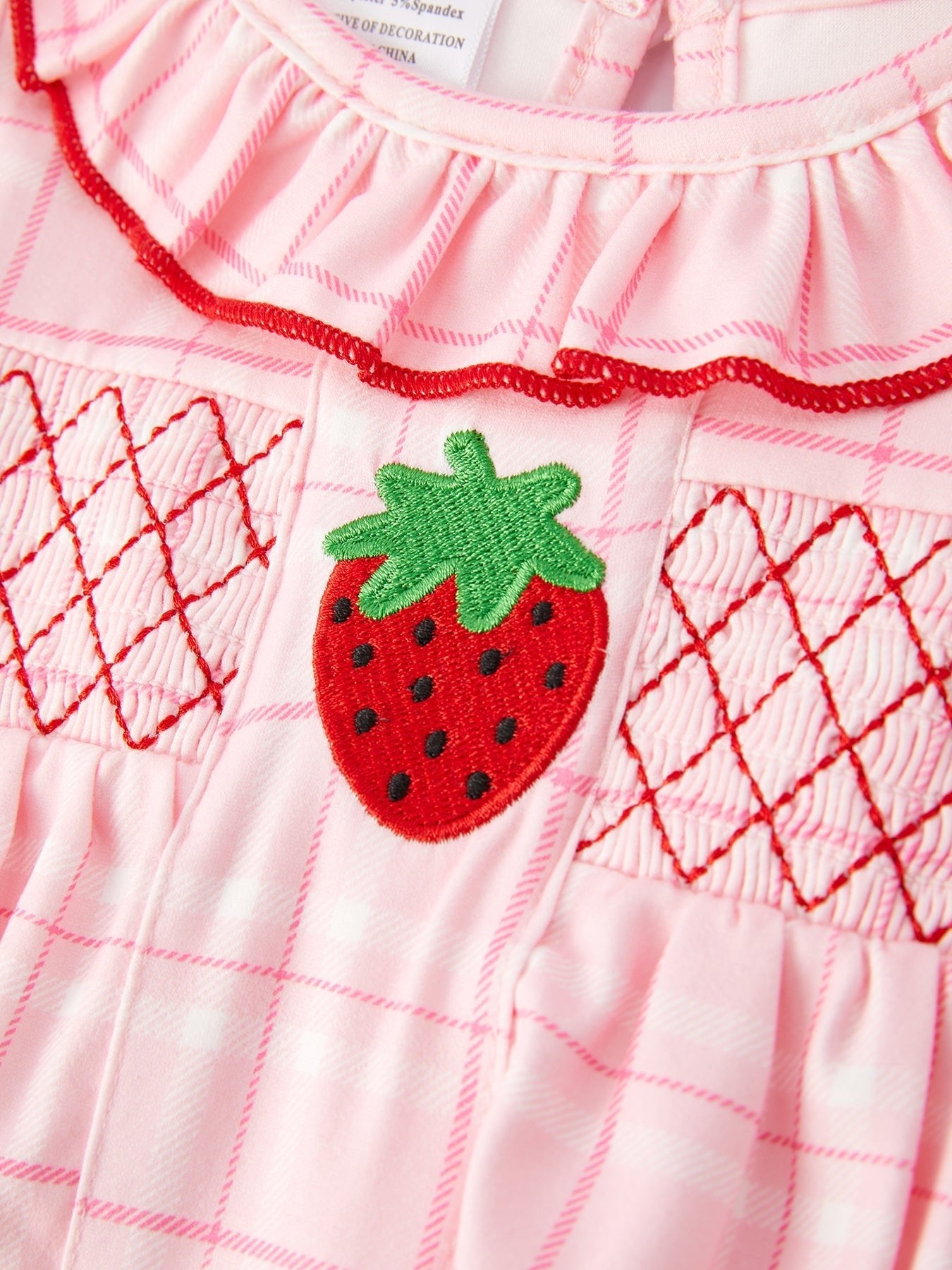 Strawberry Applique Flying Sleeves Plaid Girls' Romper - Sunny Meadow Boutique