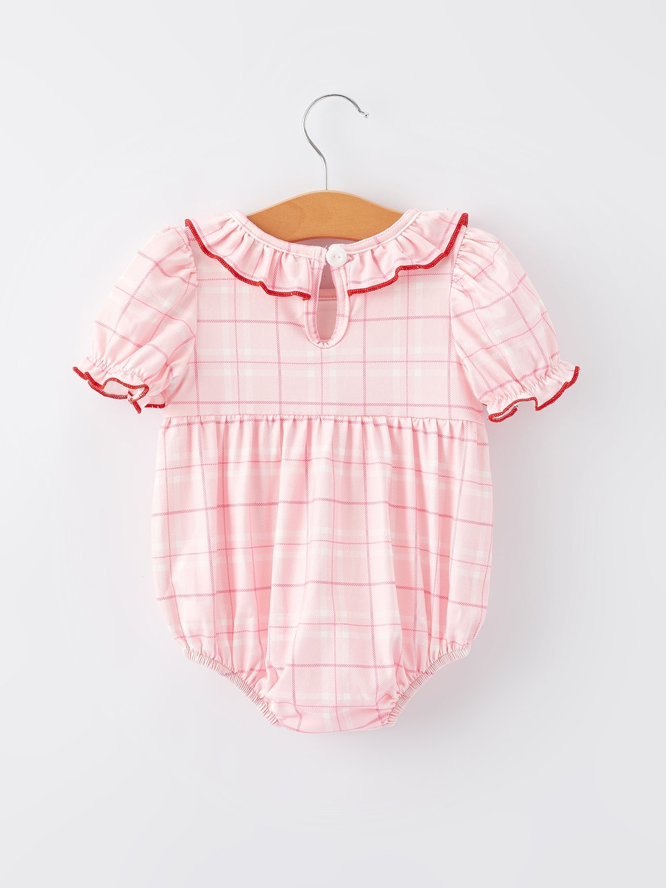Strawberry Applique Flying Sleeves Plaid Girls' Romper - Sunny Meadow Boutique