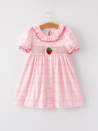 Strawberry Applique Girls Pink Plaid Dress - Sunny Meadow Boutique