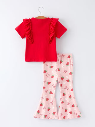 Strawberry Bow Girls Ruffle Top and Bell Bottoms Set - Sunny Meadow Boutique