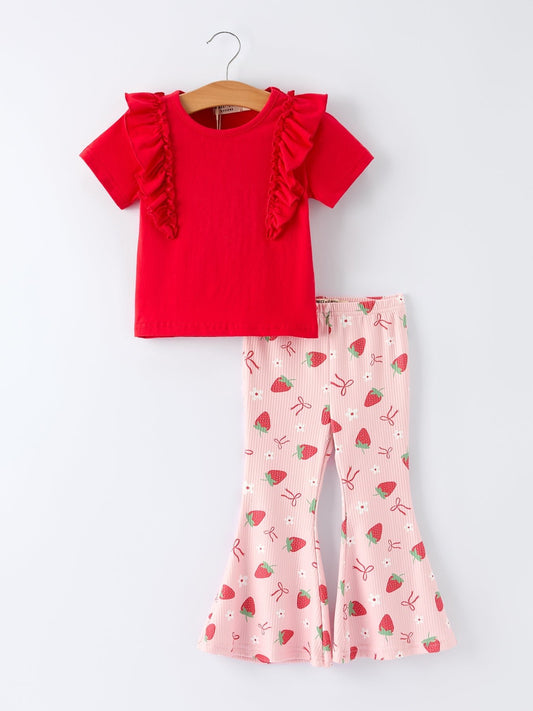 Strawberry Bow Girls Ruffle Top and Bell Bottoms Set - Sunny Meadow Boutique