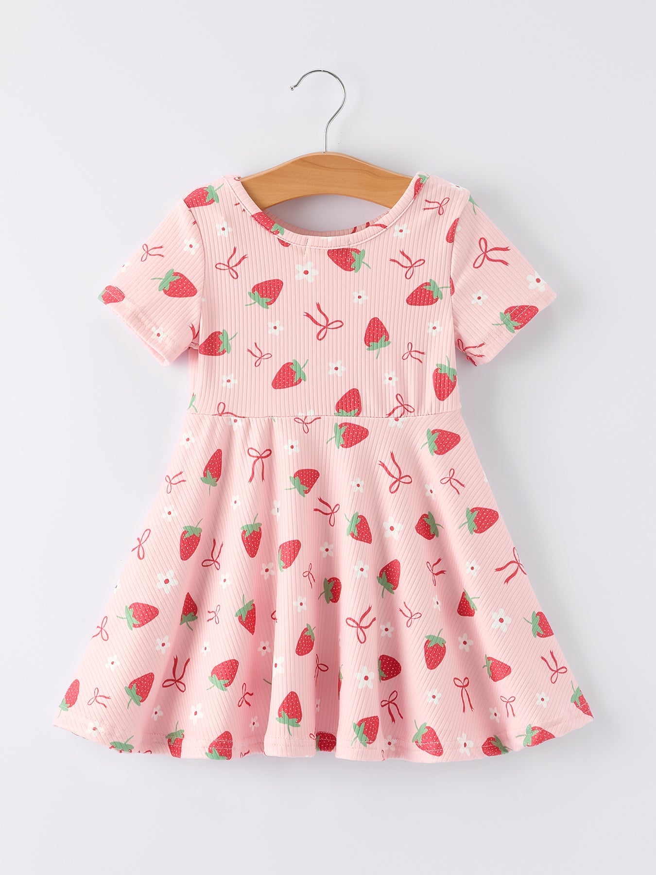 Strawberry Bow Girls Short Sleeves Dress - Sunny Meadow Boutique