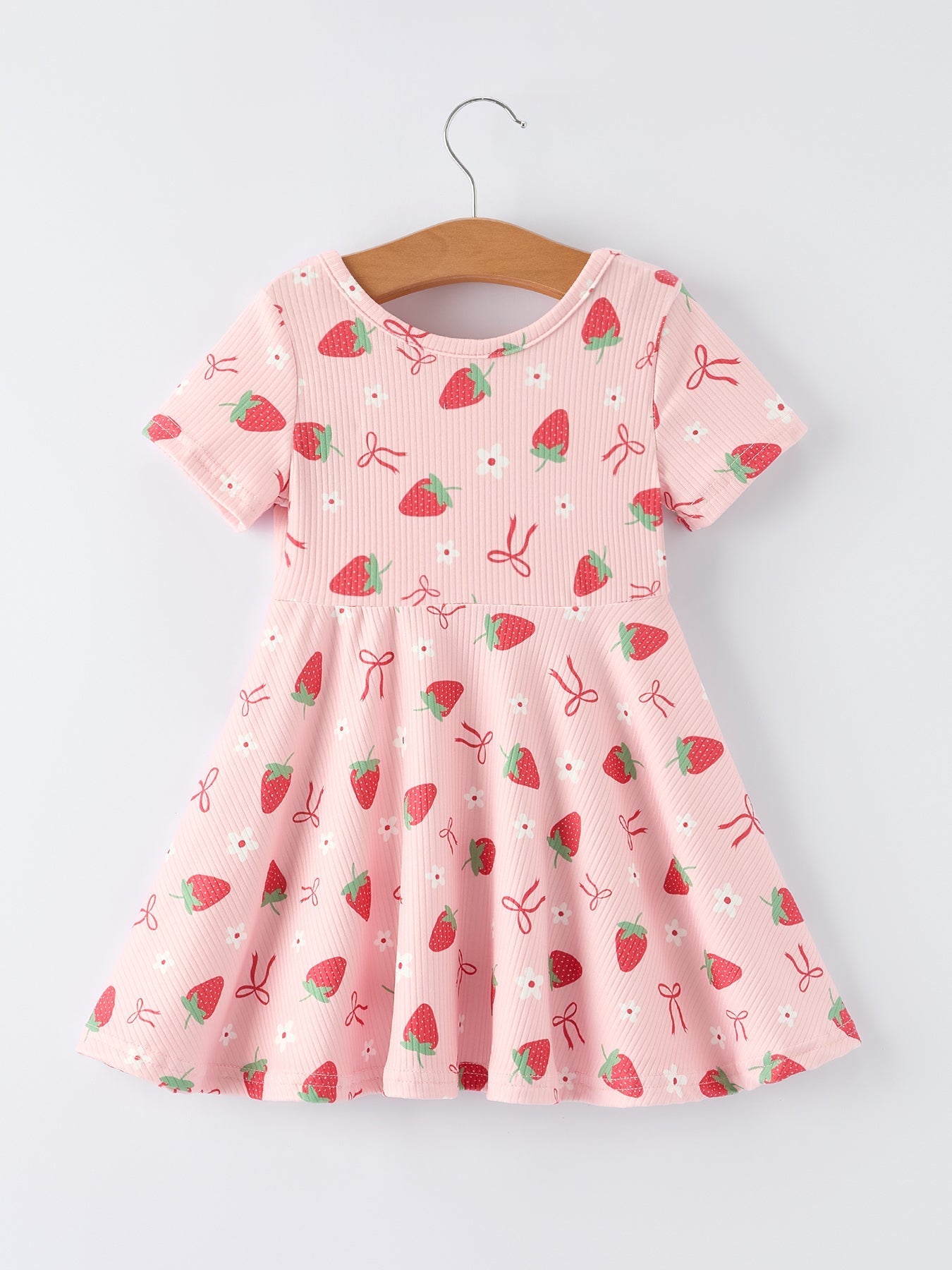 Strawberry Bow Girls Short Sleeves Dress - Sunny Meadow Boutique