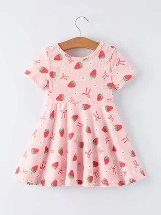 Strawberry Bow Girls Short Sleeves Dress - Sunny Meadow Boutique