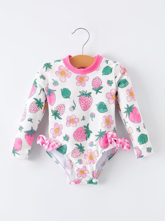 Strawberry Floral Print Long Sleeve Girls One Piece Swimsuit - Sunny Meadow Boutique