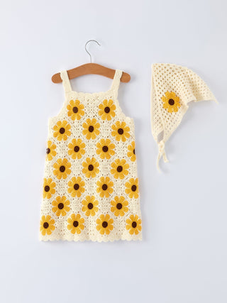 Summer Crochet Sunflower Girl Dress with Headscarf - Sunny Meadow Boutique