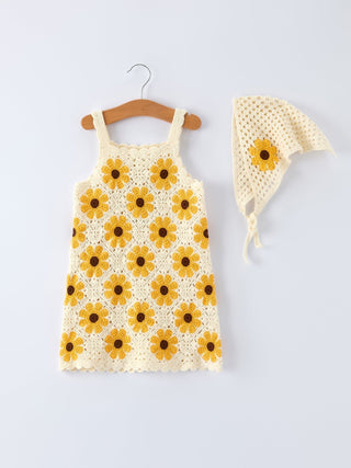 Summer Crochet Sunflower Girl Dress with Headscarf - Sunny Meadow Boutique