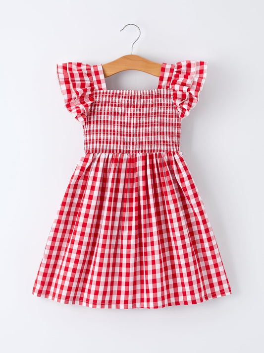 Summer Plaid Smocked Ruffle Girl Dress Sibling Outfits - Sunny Meadow Boutique