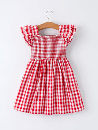 Summer Plaid Smocked Ruffle Girl Dress Sibling Outfits - Sunny Meadow Boutique