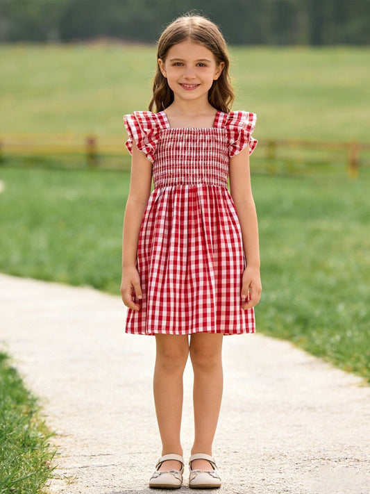 Summer Plaid Smocked Ruffle Girl Dress Sibling Outfits - Sunny Meadow Boutique