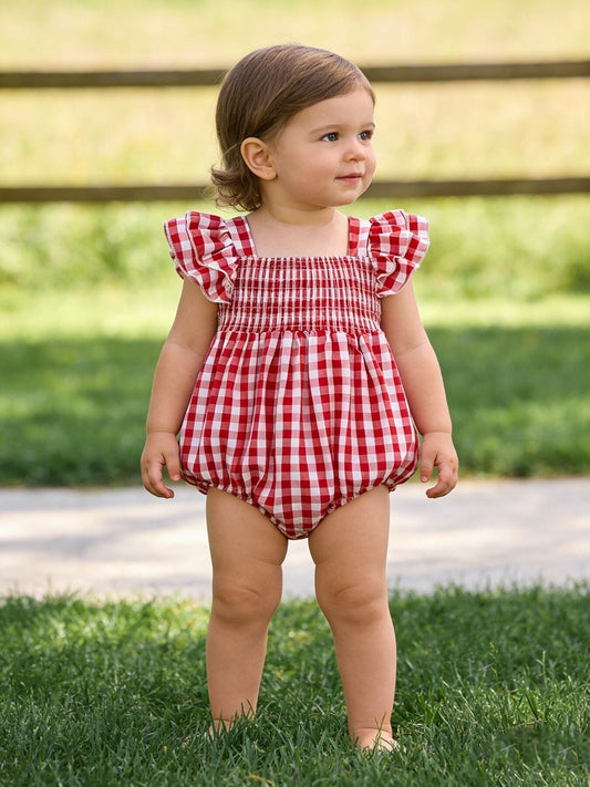Summer Plaid Smocked Ruffle Girl Romper Sibling Outfits - Sunny Meadow Boutique