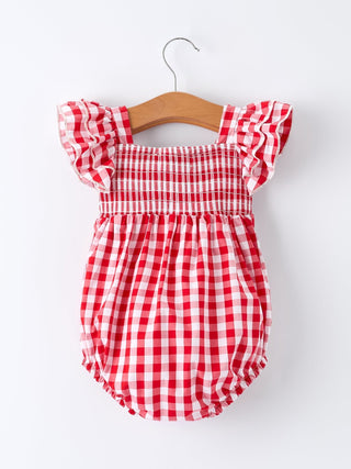 Summer Plaid Smocked Ruffle Girl Romper Sibling Outfits - Sunny Meadow Boutique