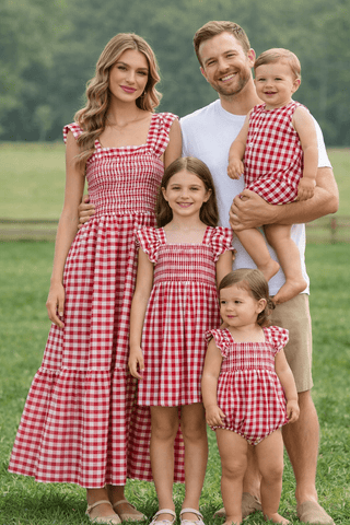 Summer Plaid Smocked Ruffle Girl Romper Sibling Outfits - Sunny Meadow Boutique