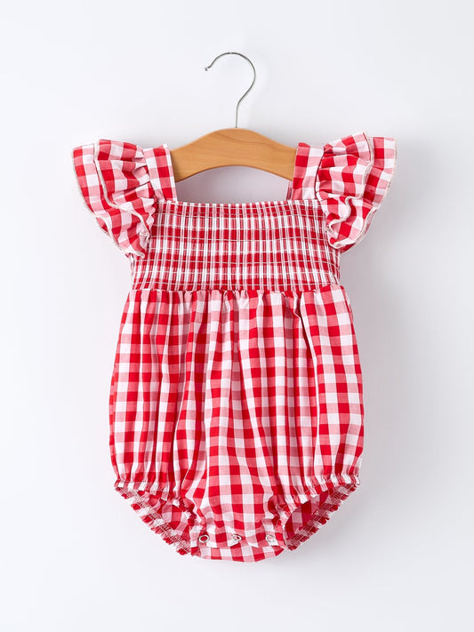 Summer Plaid Smocked Ruffle Girl Romper Sibling Outfits - Sunny Meadow Boutique