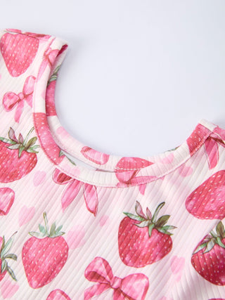 Summer Strawberry Bow Girls Short Sleeve Dress - Sunny Meadow Boutique