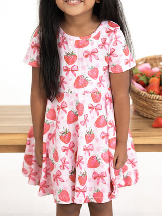 Summer Strawberry Bow Girls Short Sleeve Dress - Sunny Meadow Boutique
