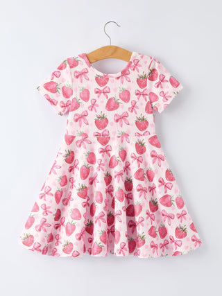 Summer Strawberry Bow Girls Short Sleeve Dress - Sunny Meadow Boutique