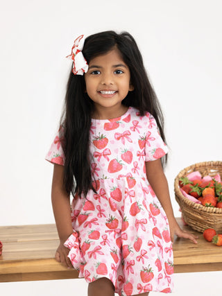 Summer Strawberry Bow Girls Short Sleeve Dress - Sunny Meadow Boutique