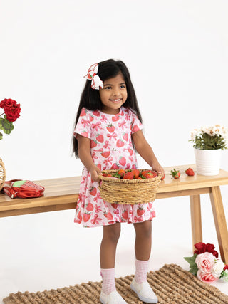 Summer Strawberry Bow Girls Short Sleeve Dress - Sunny Meadow Boutique